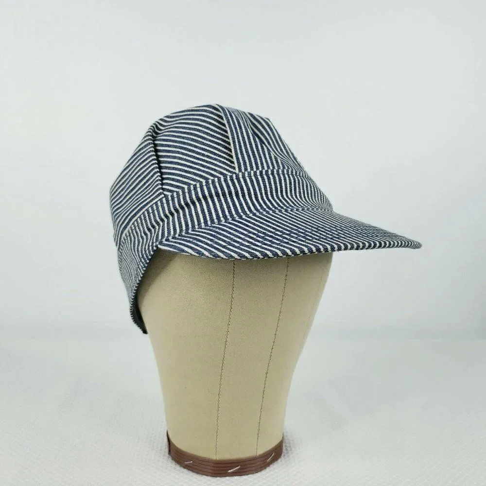 Vintage Engineer Train Conductor Hat Cap Blue White Striped Snapback Made USA